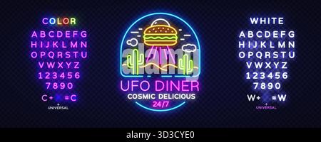 Farbenfrohes Neonschild mit einem Burger-förmigen UFO über Kakteen und Hügeln. Enthält bearbeitbare Neonschrift und Text UFO Diner Cosmic Delicious 24 7. Vektor Stock Vektor