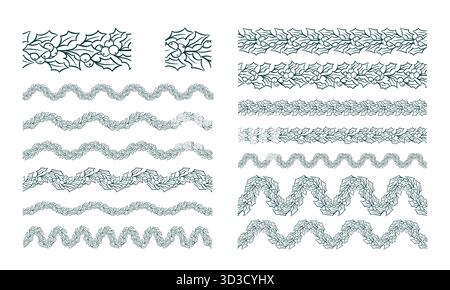 Weihnachtsgirlande mit Beeren, Laub und stechpalme. Festliche Naturwellen, Borten und Zierpinsel. Vektorgrafik des Begrüßungsrahmens Stock Vektor