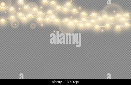 Vektor-Weihnachtslichter isoliert auf einem transparenten Hintergrund. Weihnachtsleuchte PNG. Set glühender Weihnachtsgirlanden. Warmes halbtransparentes Neujahrslicht Stock Vektor