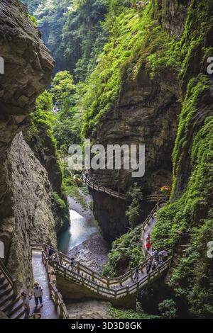 Wulong, China - August 2019 : Touristen zu Fuß auf einer künstlichen Holzklippe befestigte Gehweg Weg durch die Schlucht und die Landschaft von Wulong Stockfoto