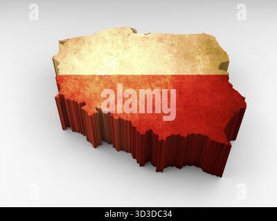 3D-Textur Polen Karte mit einer polnischen Flagge auf weißem Hintergrund Stockfoto