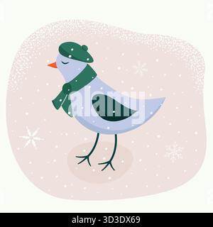 Niedlicher blauer Vogel in Baskenmütze und Schal als französischer Künstler auf Winterhintergrund mit Schneeflocken. Zur Dekoration Grußkarten zu Weihnachten oder Neu Stock Vektor