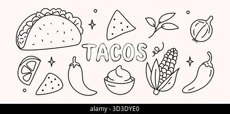 Tacos Doodle Set handgezeichnete mexikanische Essensillustration mit Chili-Pfeffer, Mais, Tortilla-Chips und Sauce Stock Vektor