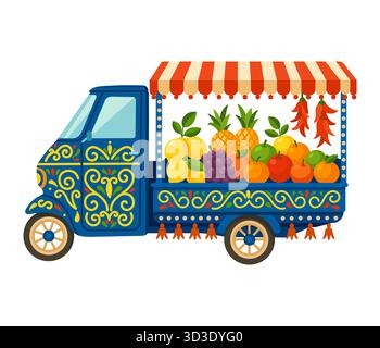 Lebendiger Obstwagen mit exotischen Produkten und traditioneller LKW-Kunst auf weißem Hintergrund Stock Vektor