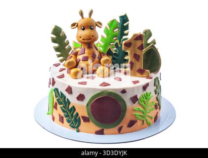 Geburtstagskuchen mit Giraffen, Kuchen mit süßer Giraffe Dekoration, handgefertigter festlicher Kuchen mit Giraffen-Topper und tropischen Stockfoto