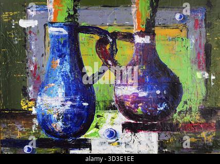 Zwei verliebte Keramikkrüge - das Konzept des blauen Jungen und des rosa Mädchens. Die abstrakte handgefertigte Kunst aus Acryl auf Leinwand Stockfoto