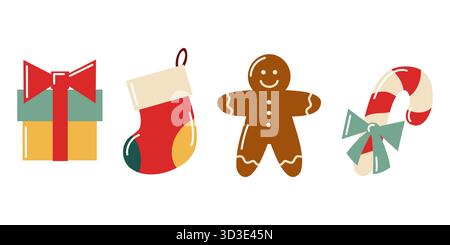 Handgezeichnete flache Weihnachtssymbole mit Geschenkbox, Strumpf, Lebkuchenmann und Zuckerrohr. Vektor-isolierte Abbildung. Stock Vektor