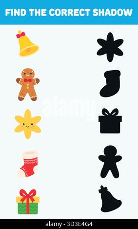 Suchen Sie den richtigen Schatten. Weihnachtliche Elemente. Isolierter Hintergrund. Vektor-Zeichentrick-Illustration. Lernspiele für Kinder Stock Vektor