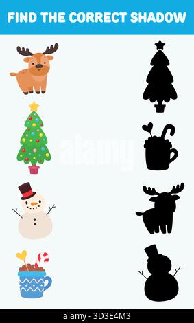 Suchen Sie den richtigen Schatten. Weihnachtliche Elemente. Isolierter Hintergrund. Vektor-Zeichentrick-Illustration. Lernspiele für Kinder Stock Vektor