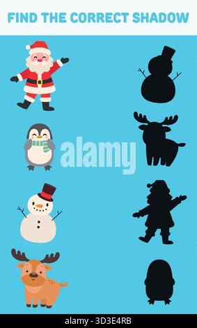 Suchen Sie den richtigen Schatten. Weihnachtliche Elemente. Isolierter Hintergrund. Vektor-Zeichentrick-Illustration. Lernspiele für Kinder Stock Vektor