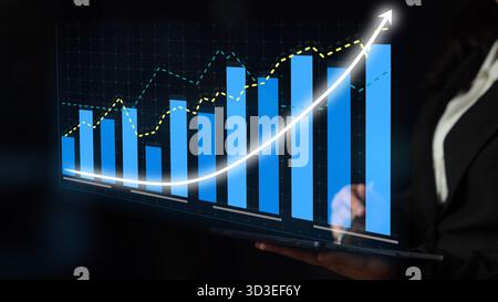 Ein digitales Display mit Balkendiagrammen und einem Liniendiagramm, das die Prognosen für das Geschäftswachstum veranschaulicht. Ideal für Finanzanalysen und strategische Planung Stockfoto