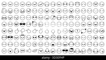 Emoji-Kontur Emoticon-Zeichen-Clipart-Set. Emojis-Zeichentrickfiguren-ClipArt mit süßen, lachenden, fröhlichen, frechen Handgesten, traurig, wütend und cool Stock Vektor