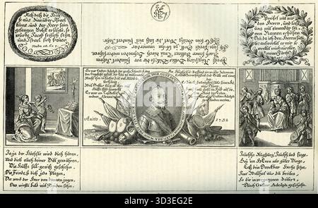Kupferstich von Gustav Adolf (1594–1632), auch bekannt als Gustav II. Adolf oder Gustav II. Adolf, König von Schweden von 1611 bis 1632. Er gilt als Vater der modernen Kriegsführung und wird dem Aufstieg Schwedens als große europäische Macht zugeschrieben Stockfoto