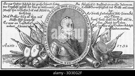 Kupferstich von Gustav Adolf (1594–1632), auch bekannt als Gustav II. Adolf oder Gustav II. Adolf, König von Schweden von 1611 bis 1632. Er gilt als Vater der modernen Kriegsführung und wird dem Aufstieg Schwedens als große europäische Macht zugeschrieben Stockfoto