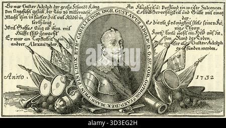 Kupferstich von Gustav Adolf (1594–1632), auch bekannt als Gustav II. Adolf oder Gustav II. Adolf, König von Schweden von 1611 bis 1632. Er gilt als Vater der modernen Kriegsführung und wird dem Aufstieg Schwedens als große europäische Macht zugeschrieben Stockfoto