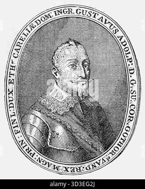Kupferstich von Gustav Adolf (1594–1632), auch bekannt als Gustav II. Adolf oder Gustav II. Adolf, König von Schweden von 1611 bis 1632. Er gilt als Vater der modernen Kriegsführung und wird dem Aufstieg Schwedens als große europäische Macht zugeschrieben Stockfoto
