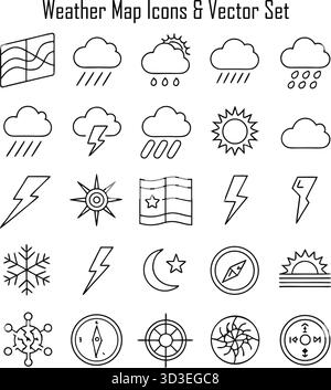 Illustration der Symbole für Wetterkarten für Prognosen, Klima und Meteorologie Stock Vektor