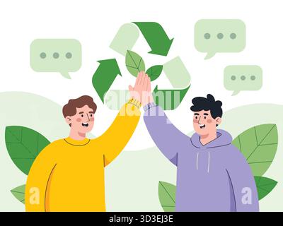 Personen, die High Five vor Recycling-Symbol und -Blätter geben Stock Vektor
