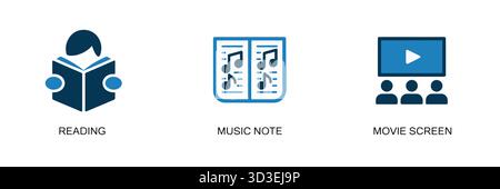 Lesen von Musik und Filmen Ikonographie für Bildungs- und Unterhaltungskonzepte Stock Vektor