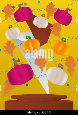 Modellpräsentation mit Thanksgiving Herbstblatt und Kürbis. Podium des Vektorzylinders. Bühnenvorführung für Präsentation. Minimal geometrisch Stock Vektor