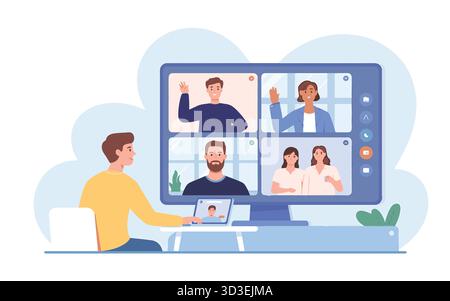 Virtuelles Meeting mit verschiedenen Gruppen von Personen auf dem Computerbildschirm Stock Vektor
