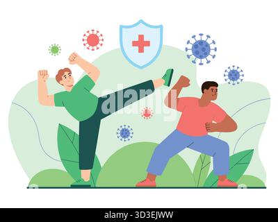 Menschen kämpfen gegen Viren mit Immunsystem Schild Illustration Design Stock Vektor