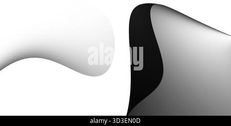 Abstrakte Grafik mit zwei großen, geschwungenen, volumetrischen Formen auf reinweißem Hintergrund. Die linke Form ist eine weiche, sanfte Kurve, die drei Dimensionen übergeht Stockfoto
