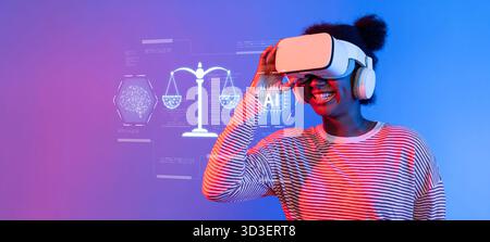 Eine junge Frau verwendet freudig ein VR-Headset in leuchtenden Neonlichtern und zeigt die Schnittstelle von Technologie, Gesetz und künstlicher Intelligenz in einem Stockfoto