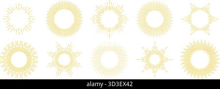 Goldene Sunburst-Rahmenkollektion. Goldener, runder Rand im Retro-Stil. Vektorgelbes Radialgrenzenbündel. Vintage Royal Sun Beams oder Rays Circle Element Pack für Kader, Dekor, Label, Emblem Stock Vektor