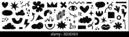 Abstraktes organisches Element-Set mit Buntstiften. Hand gezeichnete Skizze Doodle Scribble Pinsel geometrische Figur Form Buntstift Textur Hintergrund. Abstrakte Pfeil-, Kreis-, Zickzack-organische Elemente. Vektorabbildung Stock Vektor
