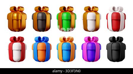 3D-Set aus farbenfrohen Geschenkkartons mit Band. Stock Vektor