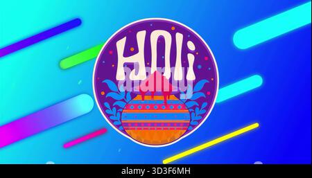 Mit kreisförmigem Holi-Emblem über blauem Hintergrund mit erdfarbenem Topf, der Pulver abgibt, und Neonstäben Stockfoto