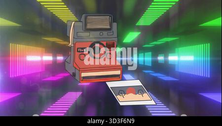 Schwebende rot-graue Sofortkamera durch Neontunnel, mit zwei Bäumen und orangefarbener Sonne Stockfoto