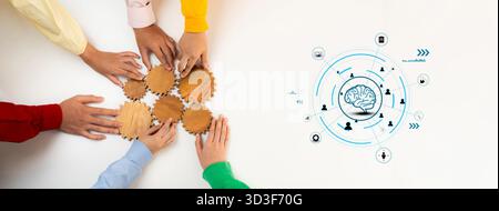 Teams vereinen sich um Zahnräder, die die Zusammenarbeit symbolisieren, während ein digitales Gehirndiagramm innovative Ideen und strategische Planung in modernen Geschäftsbereichen beleuchtet Stockfoto