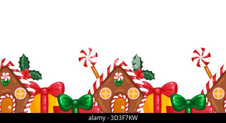 Entzückende nahtlose Weihnachtsgrenze mit Lebkuchenhäusern, Geschenken, Bögen, stechpalmen- und Zuckerstangen. Diese süße und festliche Illustration bringt gemütliche holi Stock Vektor