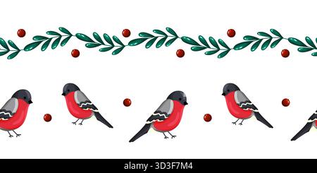 Herrliche nahtlose Wintergrenzen mit bezaubernden Stierköpfen, roten Beeren und grünen Zweigen. Diese festliche Illustration bringt eine gemütliche Jahreszeit Stock Vektor