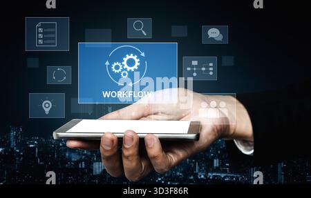 Workflow-Optimierungskonzept mit vernetzten Gängen, Aufgabenverwaltung, Zusammenarbeit, Prozesszuordnung, Überprüfung, und Automatisierung für Unternehmen Stockfoto