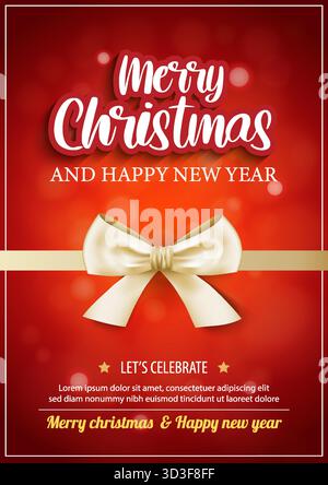 Frohe weihnachten und Happy New Year Grußkarte mit goldenem Band auf rotem Hintergrund. Stock Vektor