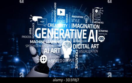 Eine digitale Illustration, die die Konzepte von generativer KI und maschinellem Lernen zeigt und Kreativität, Innovation und künstlerischen Ausdruck in A betont Stockfoto