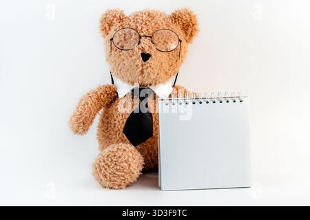 Ein Spielzeug-Teddybär in runder Brille und eine Fliege mit einem Notizbuch mit einem Platz für Text auf einem isolierten Hintergrund Stockfoto