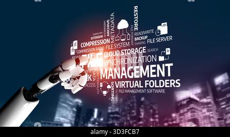 Ein Roboterarm arbeitet mit Konzepten in Bezug auf Cloud-Speichermanagement und Dateiorganisation zusammen und zeigt die Zukunft der Technologie in einem lebendigen Stockfoto