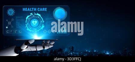 KI-gestütztes Dashboard für digitale Gesundheitsfürsorge und medizinische Daten. Eine KI-Schnittstelle zur Patientendiagnostik und Überwachung elektronischer Patientenakten. Motiv Stockfoto