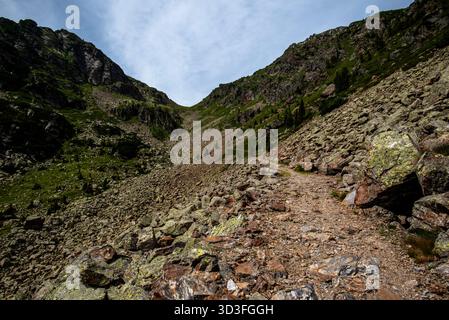 Felsiger Bergweg in den Lagorai-Bergen im Trentino, der sich durch steile Klippen und grüne Hänge unter einem bewölkten Sommerhimmel schlängelt. Wilde Wildnis Stockfoto
