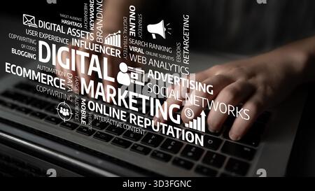 Nahaufnahme der Hände, die auf einem Laptop tippen, umgeben von Wörtern, die sich auf digitales Marketing und Online-Strategien beziehen, was die Bedeutung von effektivem Handeln unterstreicht Stockfoto
