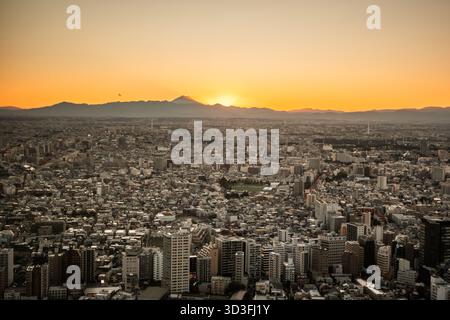 Blick auf den Sonnenuntergang von Tokio mit dem fuji und der urbanen Landschaft von Shinjuku aus Stockfoto