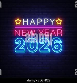 Buntes leuchtendes Happy New Year 2026-Schild mit leuchtenden Sternen. Neon-Stil sorgt für fröhliche Stimmung und Partystimmung. Vektorabbildung Stock Vektor