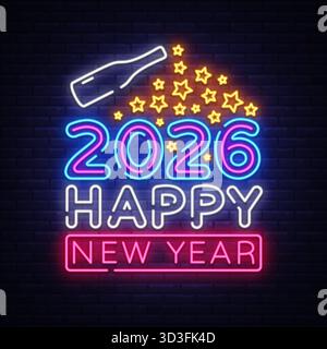 2026 Happy New Year-Zeichen im Neonstil. Goldene Sterne platzen heraus und verleihen der Party eine lebendige Energie. Vektorabbildung Stock Vektor