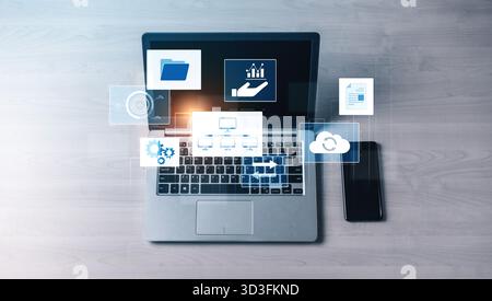 Digitale Unternehmensinfrastruktur mit Datensystem, Analysen, Synchronisierung. Das Systemmanagement verbessert den Zugriff, das Systemmanagement sorgt für Leistung und Systematik Stockfoto