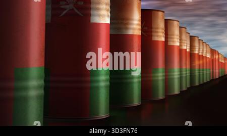 Oman-Öl-Rohölfässer in Row-Konzept. Omanische Benzinindustrie und Industriecontainer zur Kraftstoffgewinnung 3D-Abbildung. Stockfoto