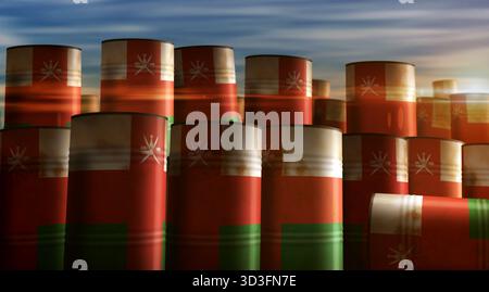 Oman-Öl-Rohölfässer in Row-Konzept. Omanische Benzinindustrie und Industriecontainer zur Kraftstoffgewinnung 3D-Abbildung. Stockfoto